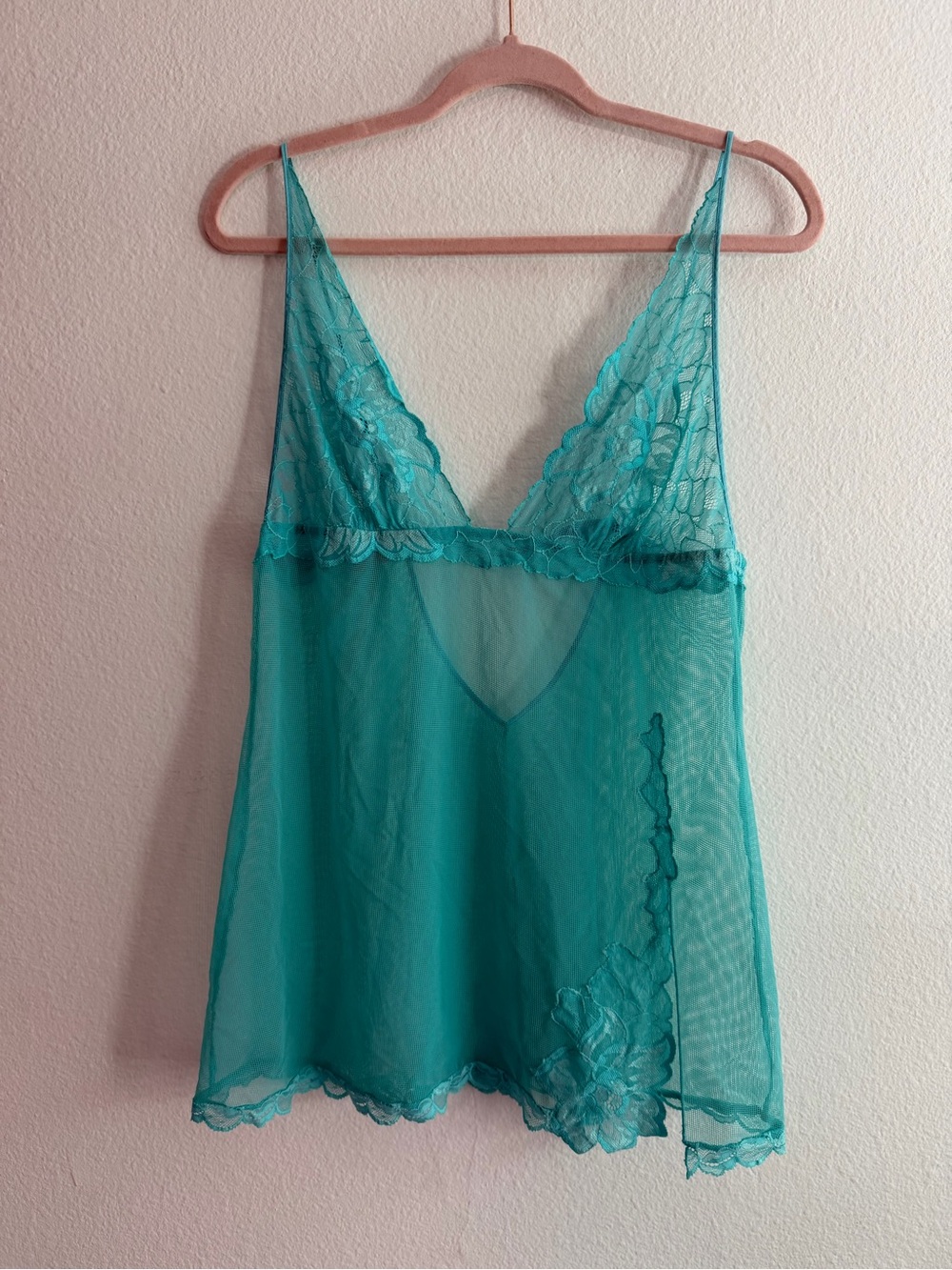 Vintage y2k Victorias Secret Mesh Sheer Floral Lace Babydoll Chemise in Teal